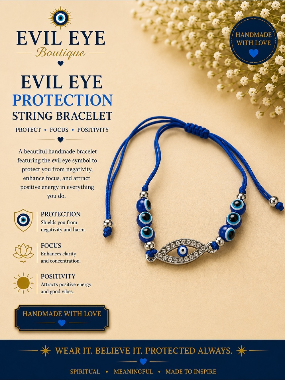 Evil Eye Protection String Bracelet - Blue